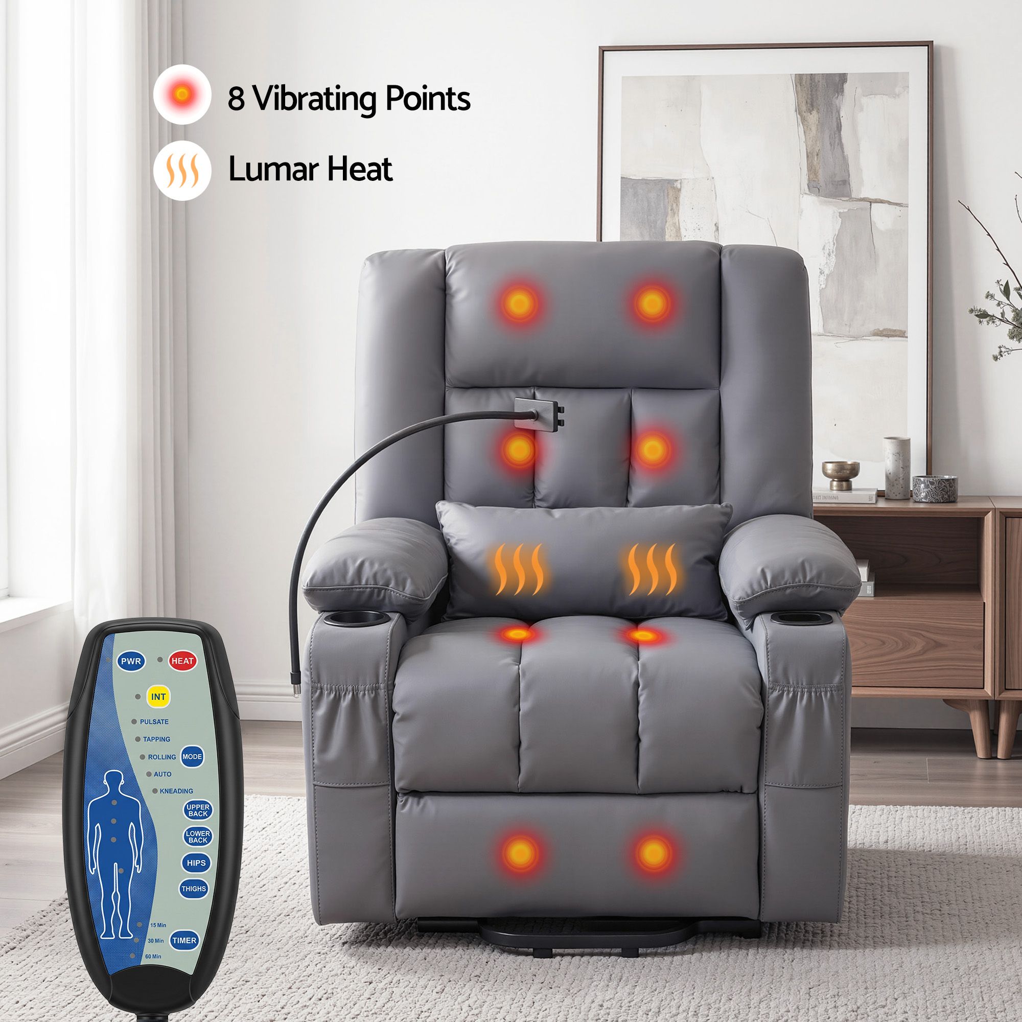 Power Lift Recliner Chair with Massage and Heat for Elderly, Electric Sofa Reclining Chair with USB and Phone Holder, PU Leather Comfy Armchair for Living Room, 2 Cup Holder & 4 Pockets, Grey