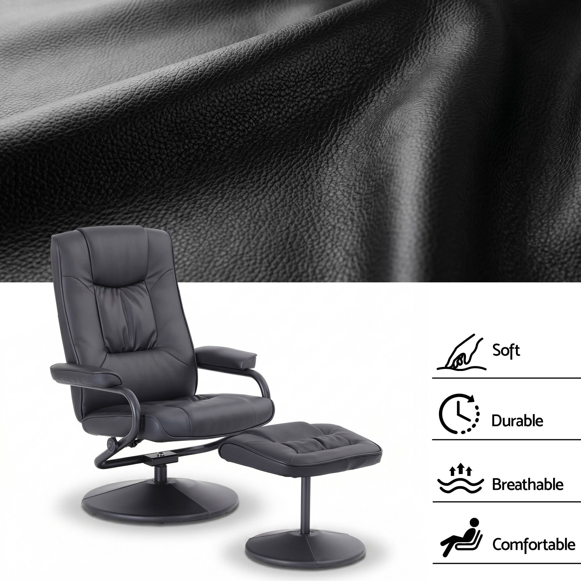 Recliner with Ottoman 360-Degree Swivel Recliner Chair and Ottoman Set PU Leather Black