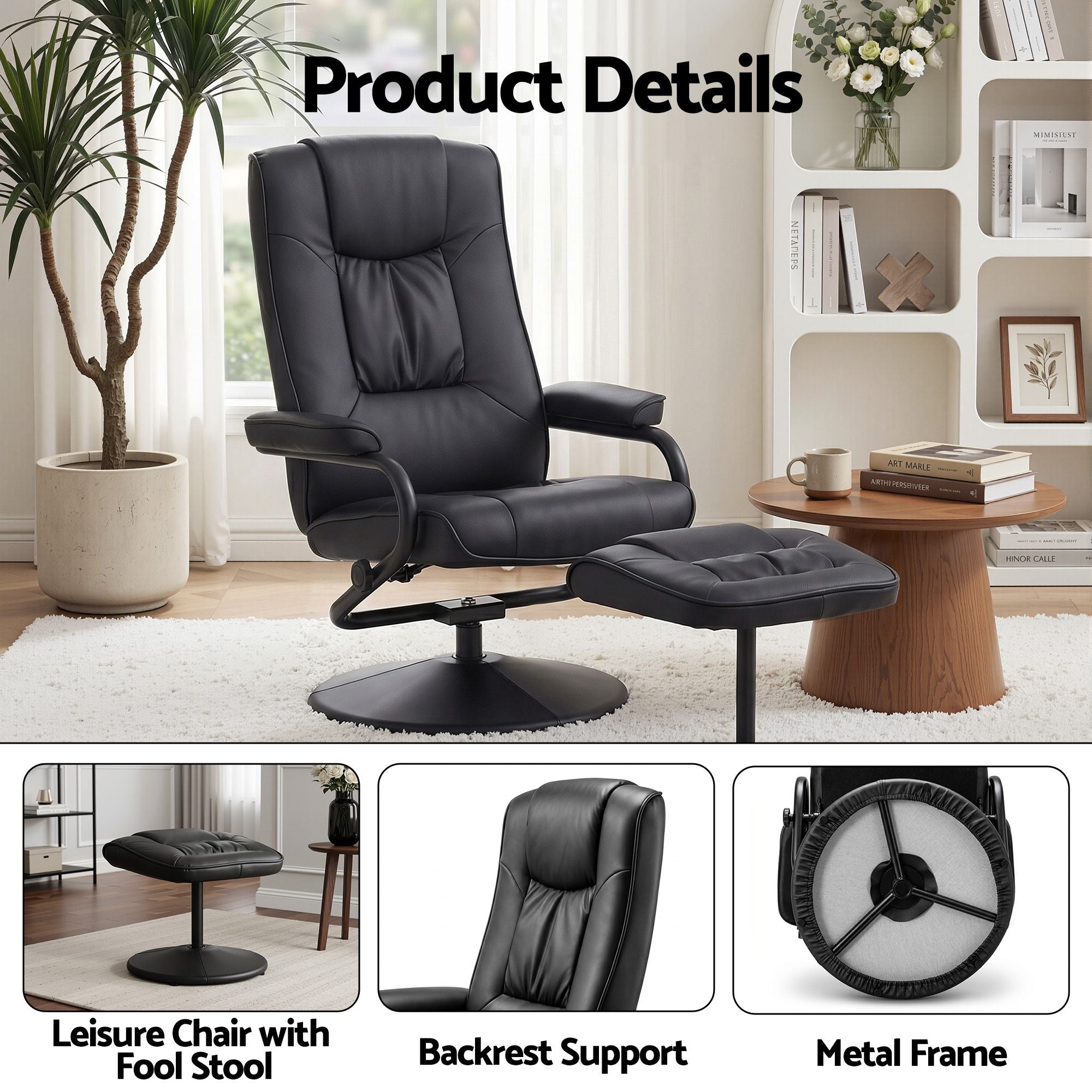 Recliner with Ottoman 360-Degree Swivel Recliner Chair and Ottoman Set PU Leather Black