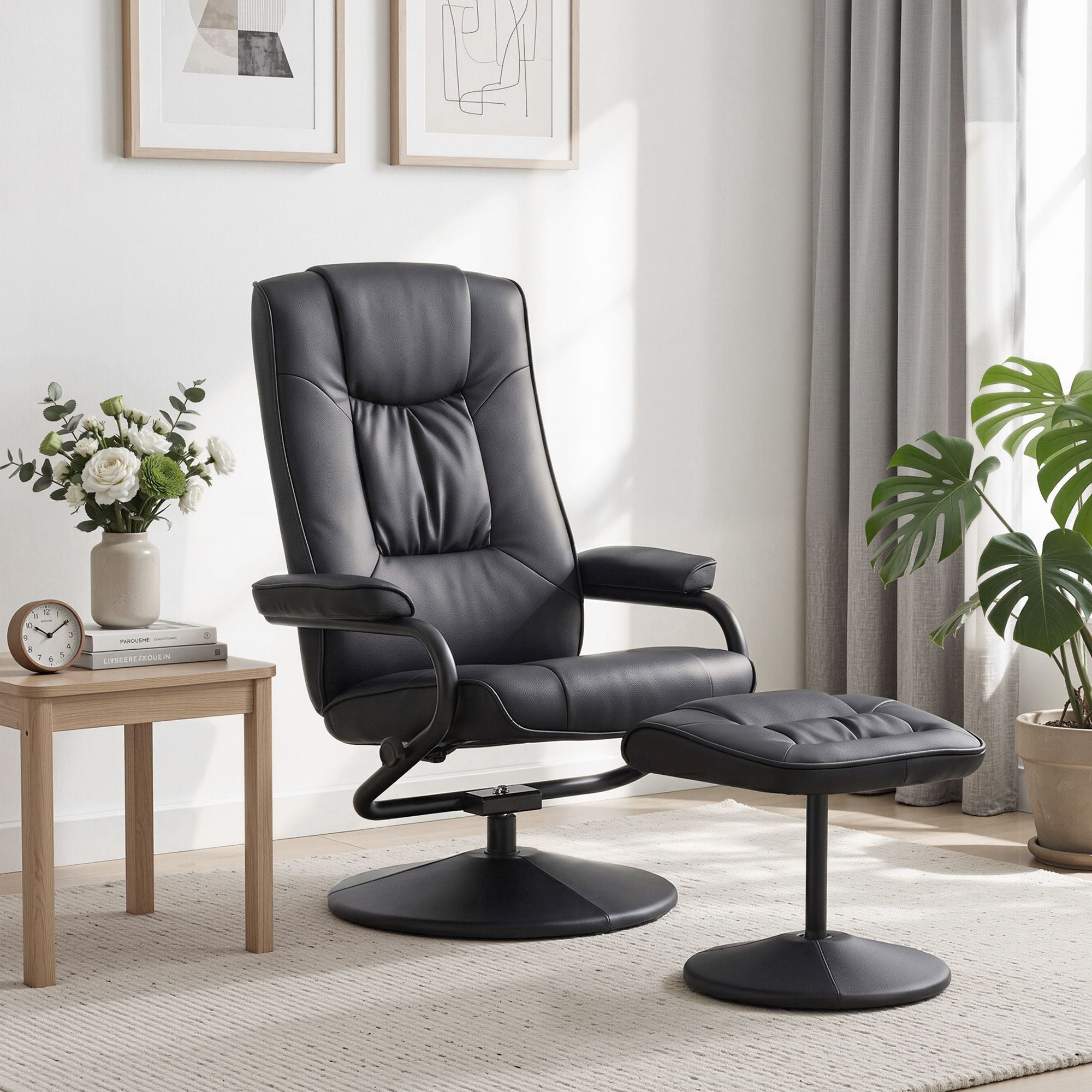 Recliner with Ottoman 360-Degree Swivel Recliner Chair and Ottoman Set PU Leather Black