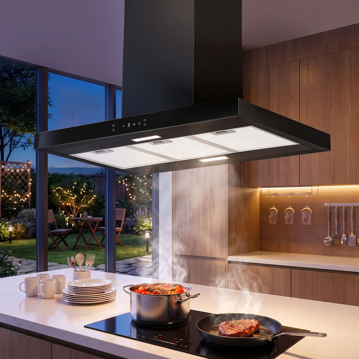 90cm Island Ceiling-Mounted Rangehood with 3-Speed Touch Control and LED - Black