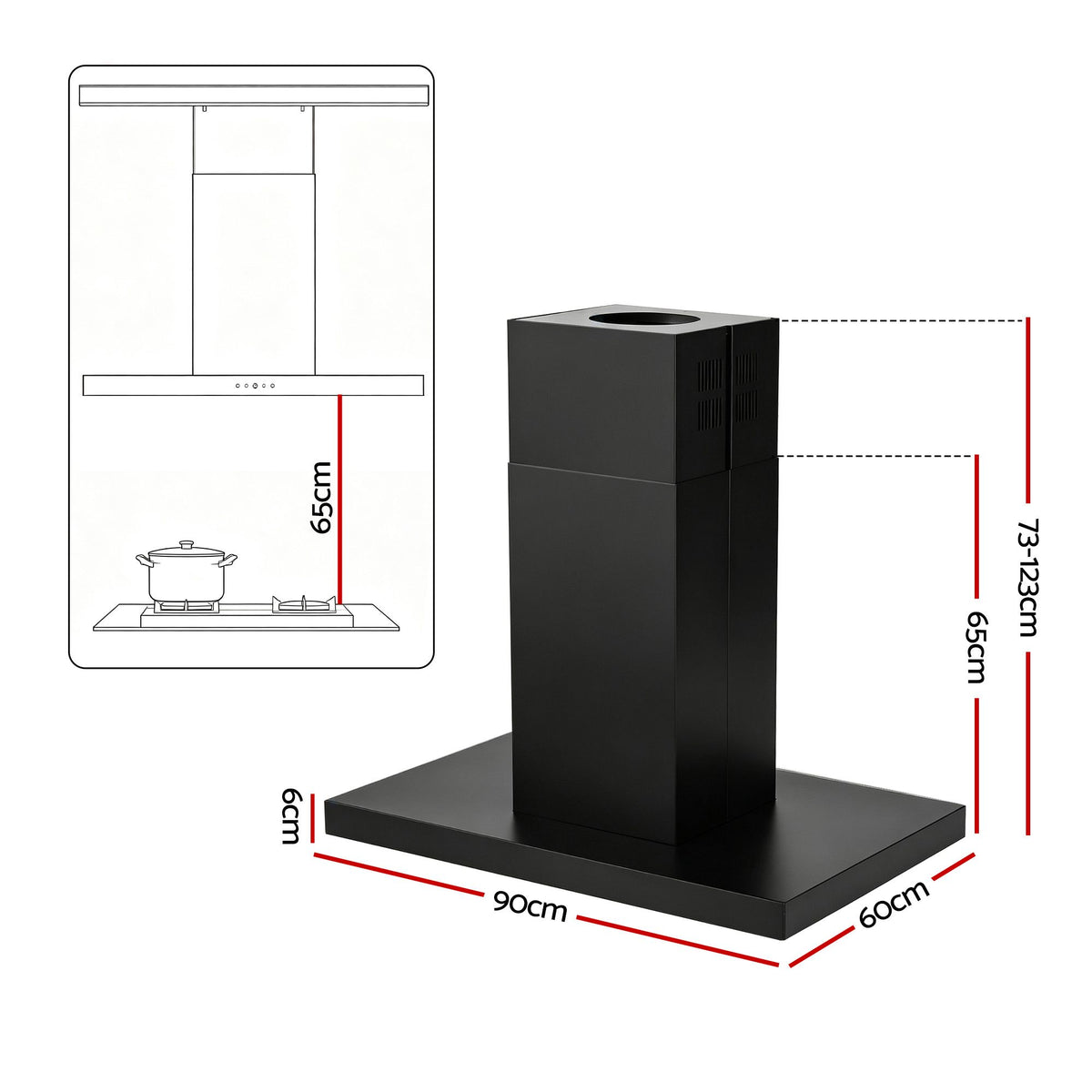 90cm Island Ceiling-Mounted Rangehood with 3-Speed Touch Control and LED - Black