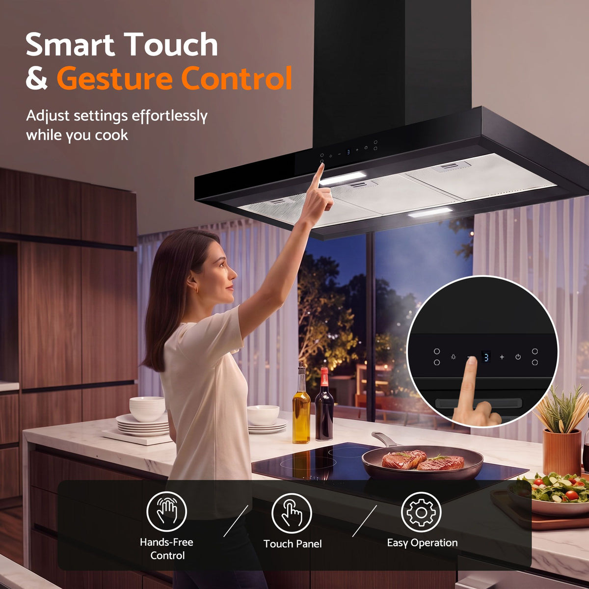 90cm Island Ceiling-Mounted Rangehood with 3-Speed Touch Control and LED - Black