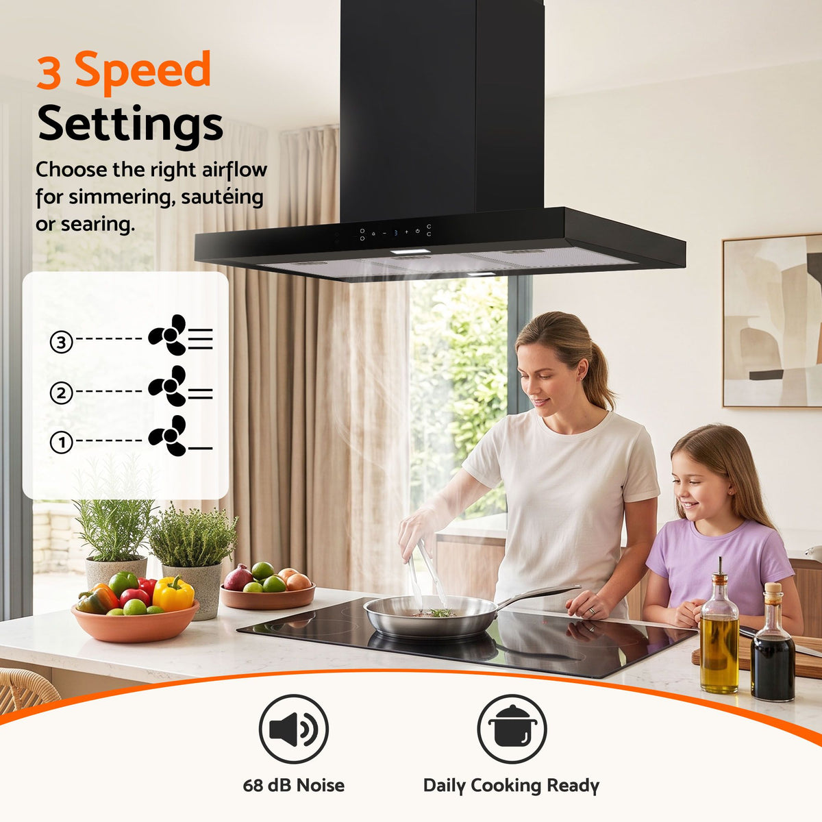 90cm Island Ceiling-Mounted Rangehood with 3-Speed Touch Control and LED - Black