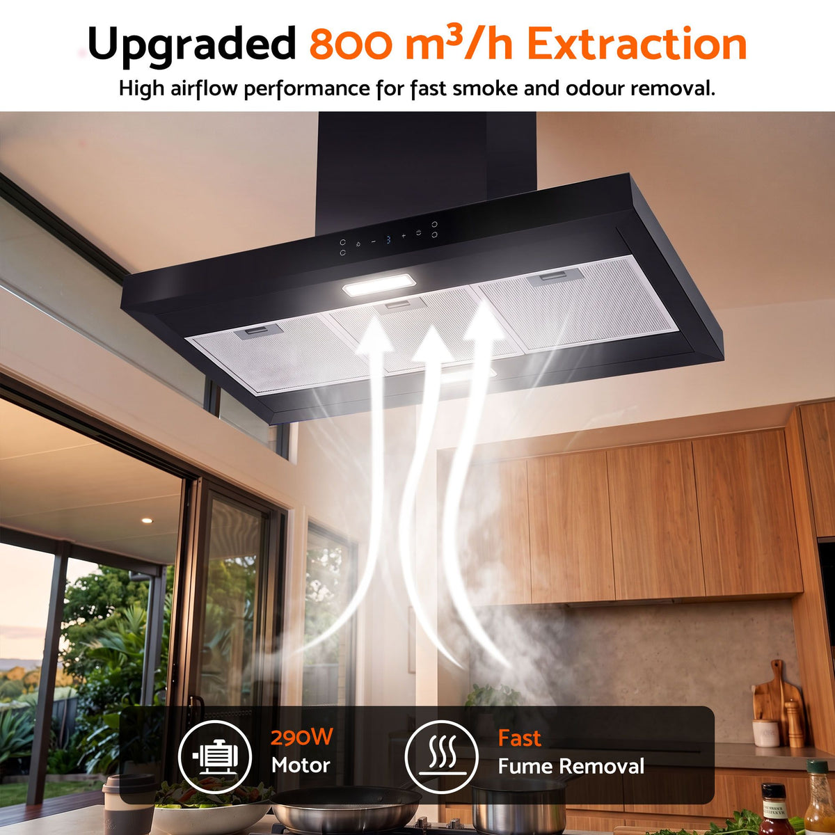 90cm Island Ceiling-Mounted Rangehood with 3-Speed Touch Control and LED - Black