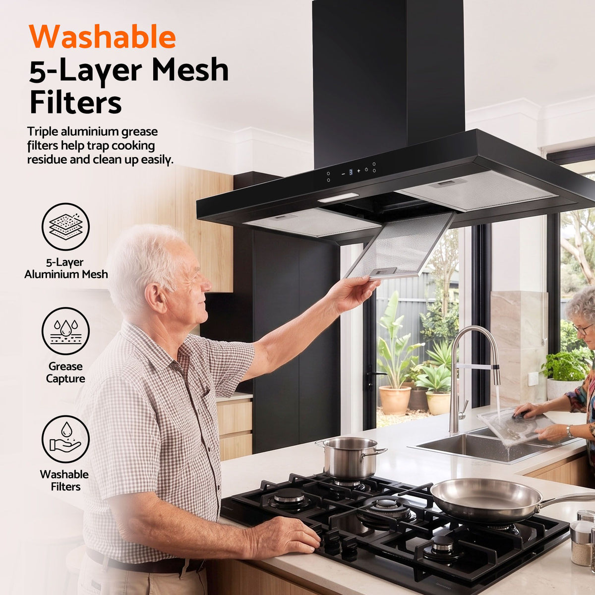 90cm Island Ceiling-Mounted Rangehood with 3-Speed Touch Control and LED - Black