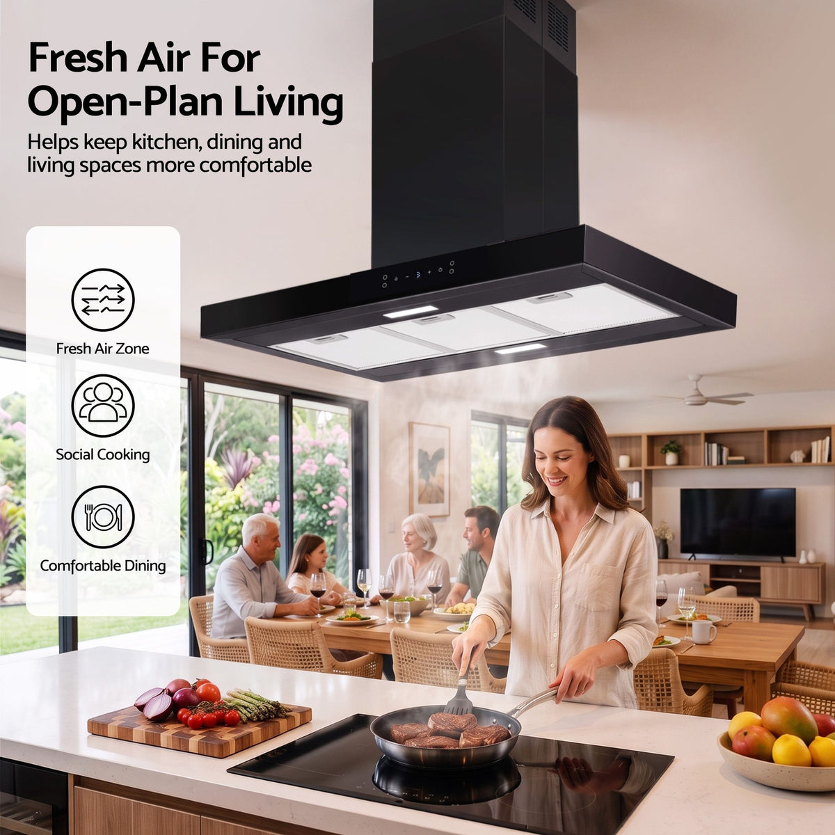 90cm Island Ceiling-Mounted Rangehood with 3-Speed Touch Control and LED - Black