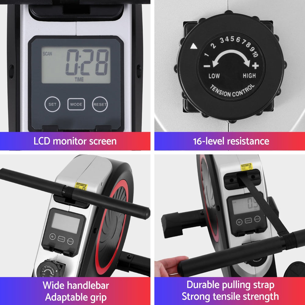 Foldable Magnetic Rowing Machine 16 Levels Resistance with LCD Console - Black