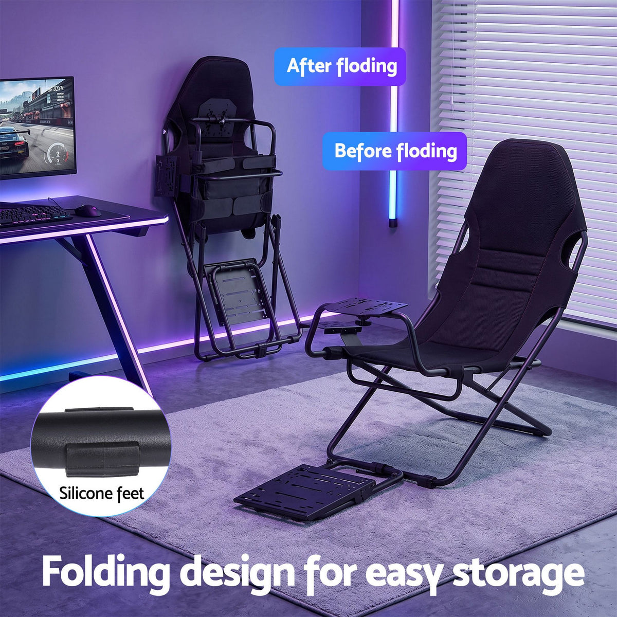 Steel Foldable Racing Simulator Cockpit Seat with Wheel Stand and Gear Shifter Mount - Black