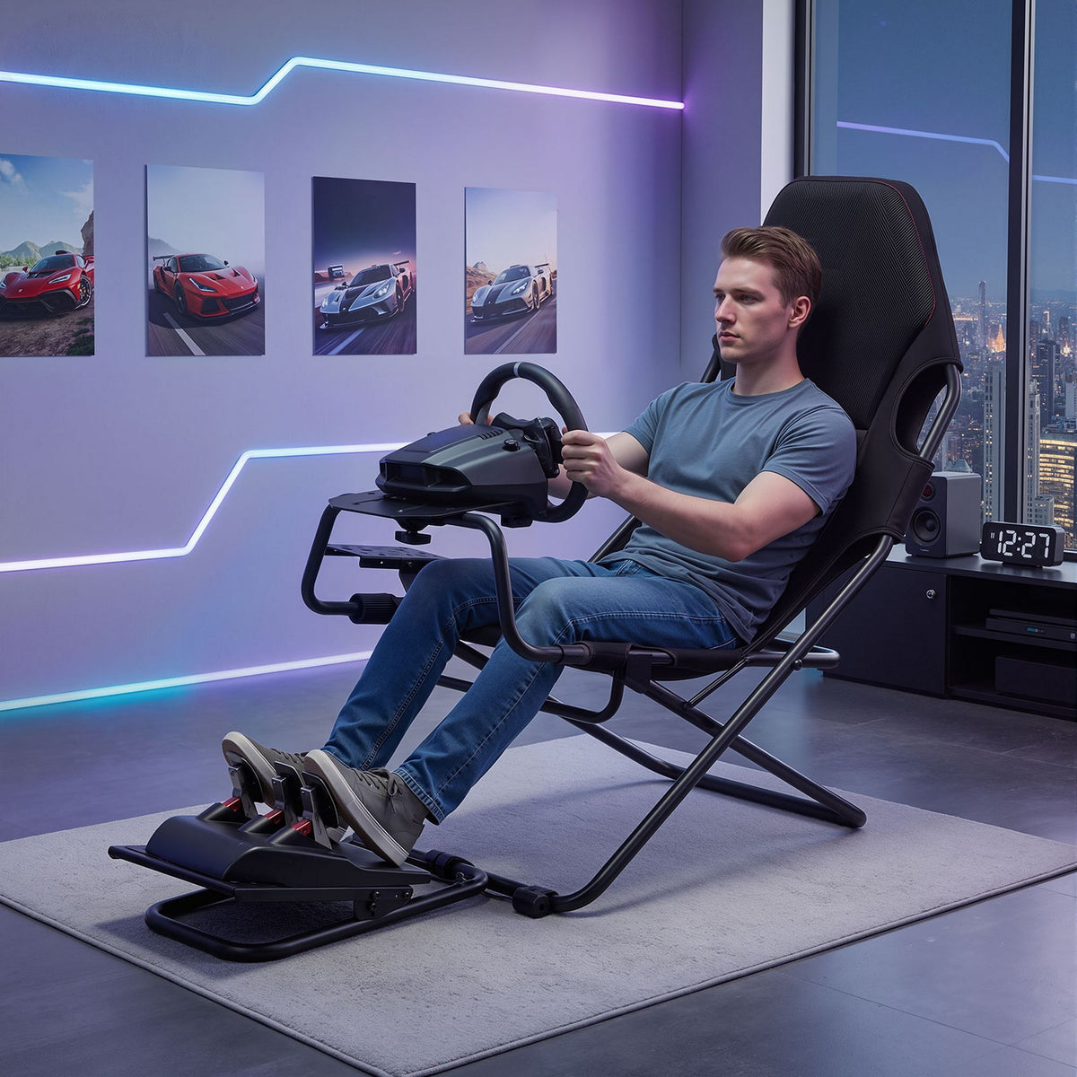 Steel Foldable Racing Simulator Cockpit Seat with Wheel Stand and Gear Shifter Mount - Black