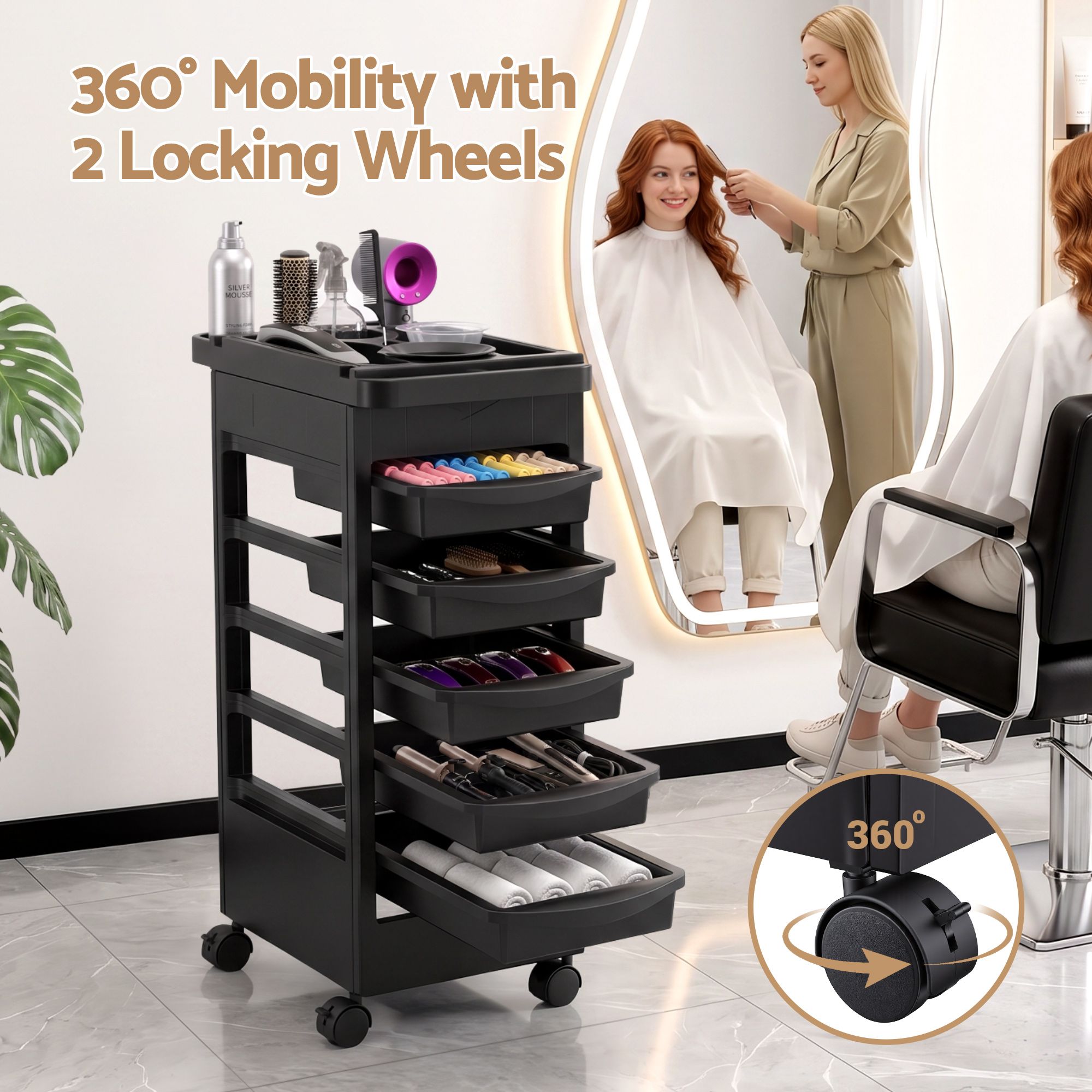 6-Tier Salon Trolley Cart on Wheels Barber Mobile Hairdressing Cart
