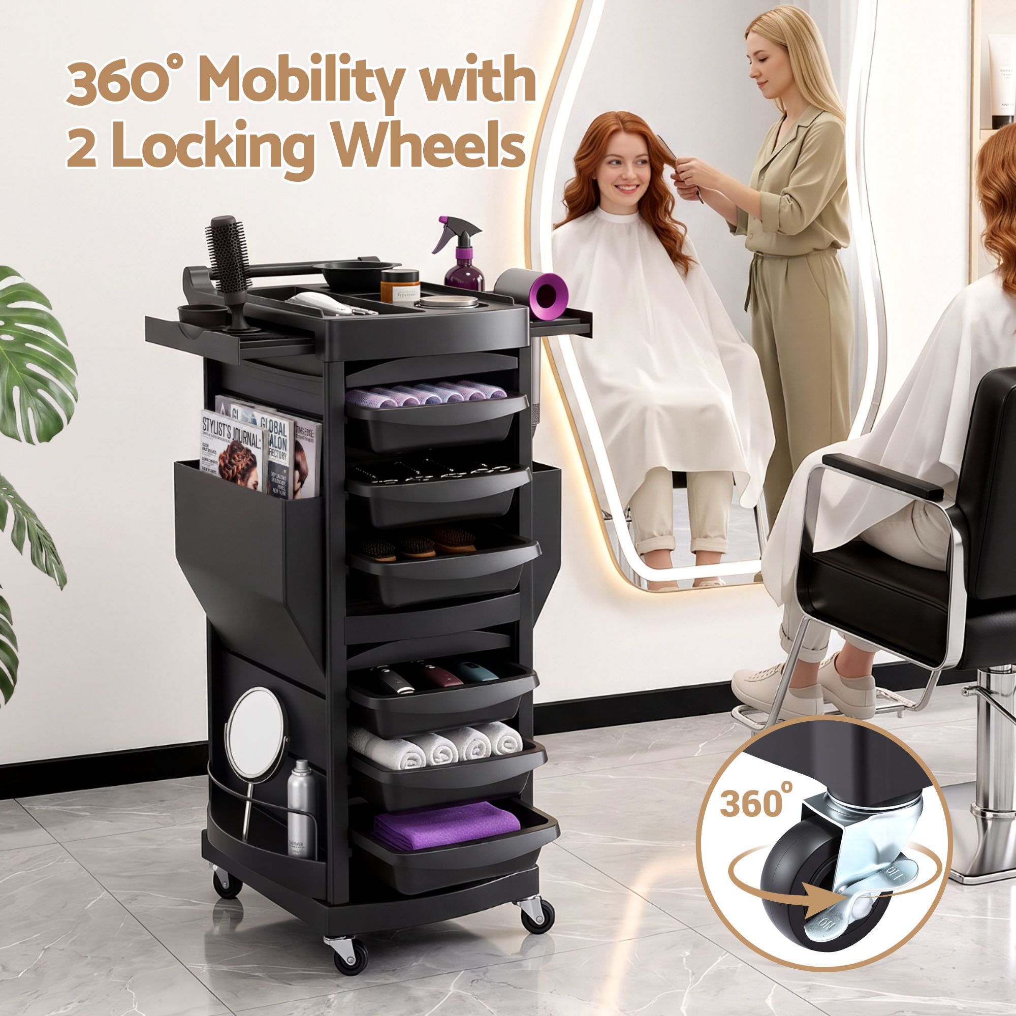 Salon Trolley 2 Lockable Doors 6 Tier Trays Mobile Hair Cart Black