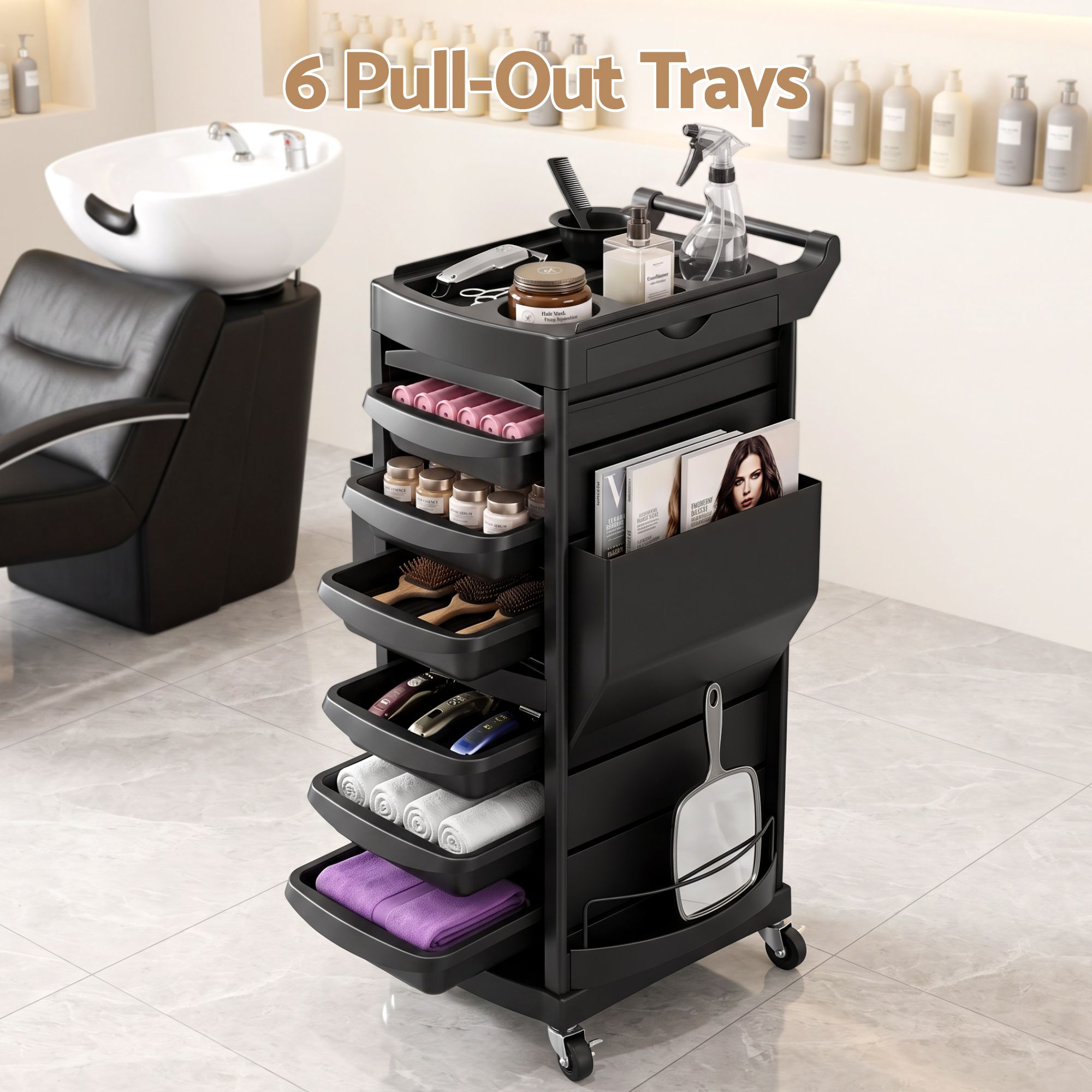 Salon Trolley 2 Lockable Doors 6 Tier Trays Mobile Hair Cart Black