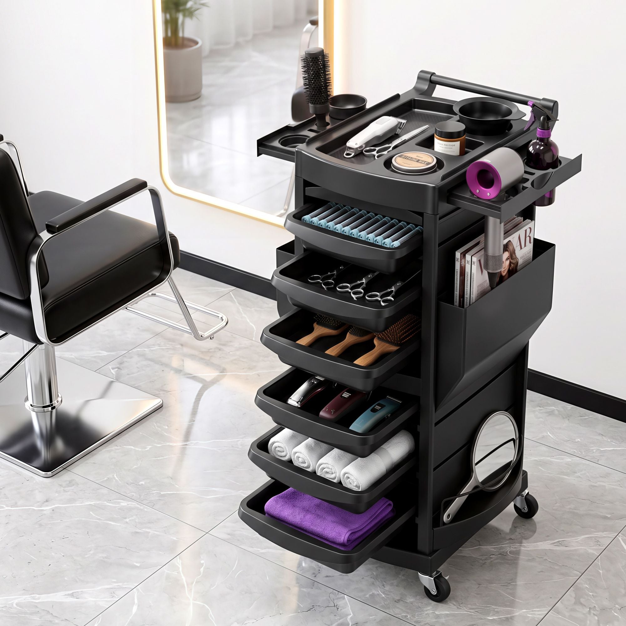 Salon Trolley 2 Lockable Doors 6 Tier Trays Mobile Hair Cart Black