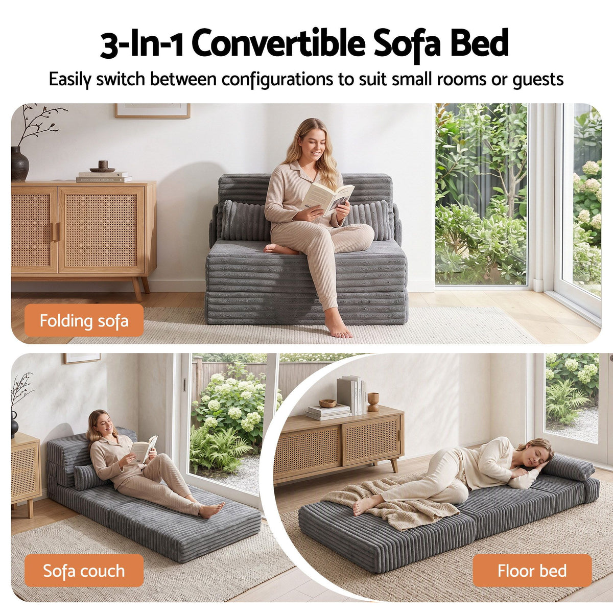 3-in-1 Folding Sofa Bed Armless Lounger Chair with Side Pocket and Pillow - Grey