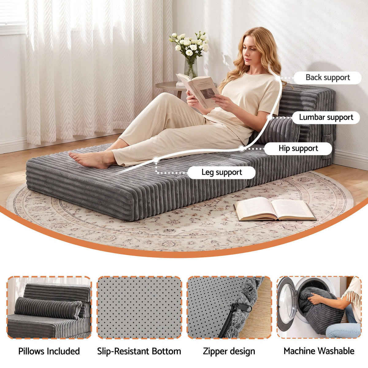 3-in-1 Folding Sofa Bed Armless Lounger Chair with Side Pocket and Pillow - Grey