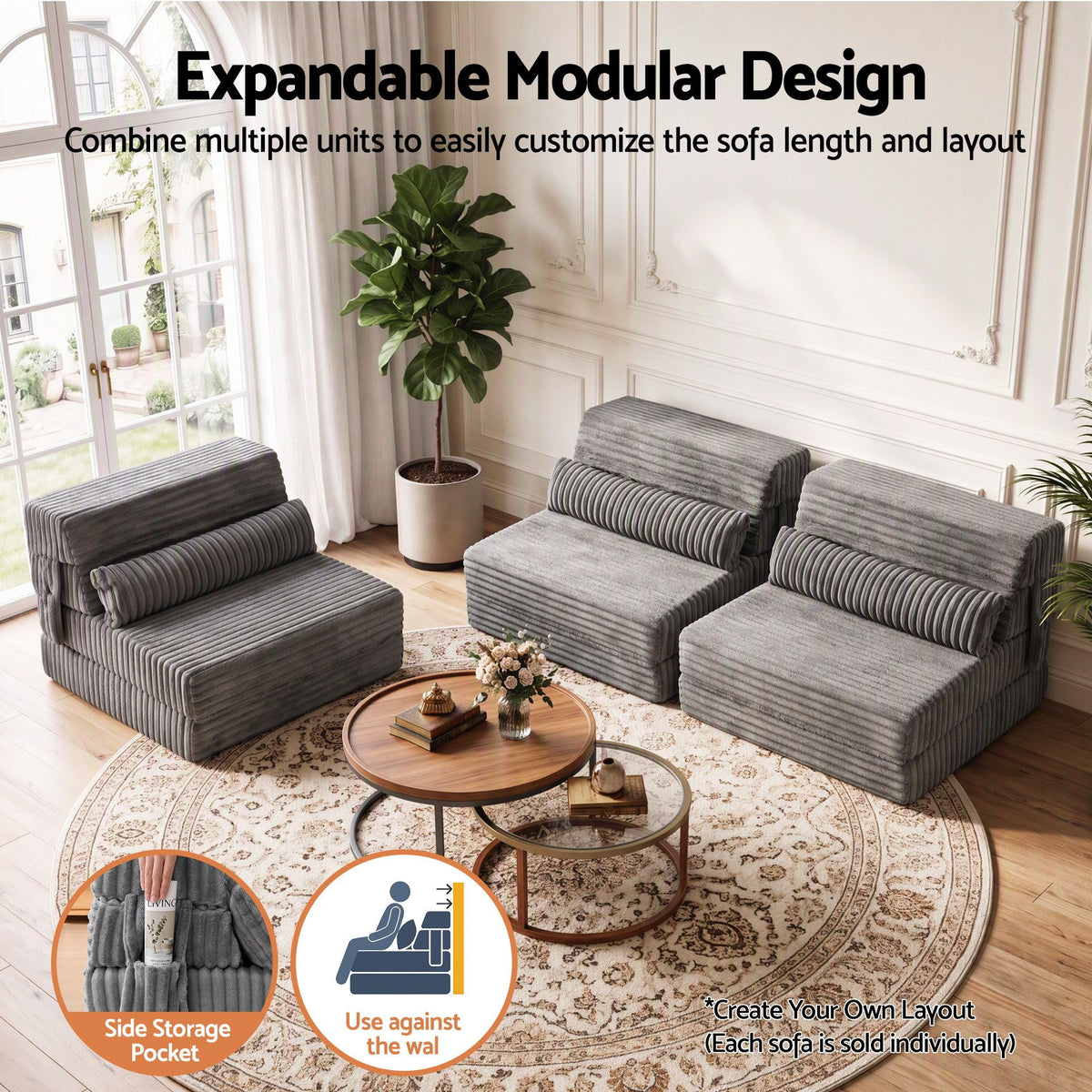 3-in-1 Folding Sofa Bed Armless Lounger Chair with Side Pocket and Pillow - Grey