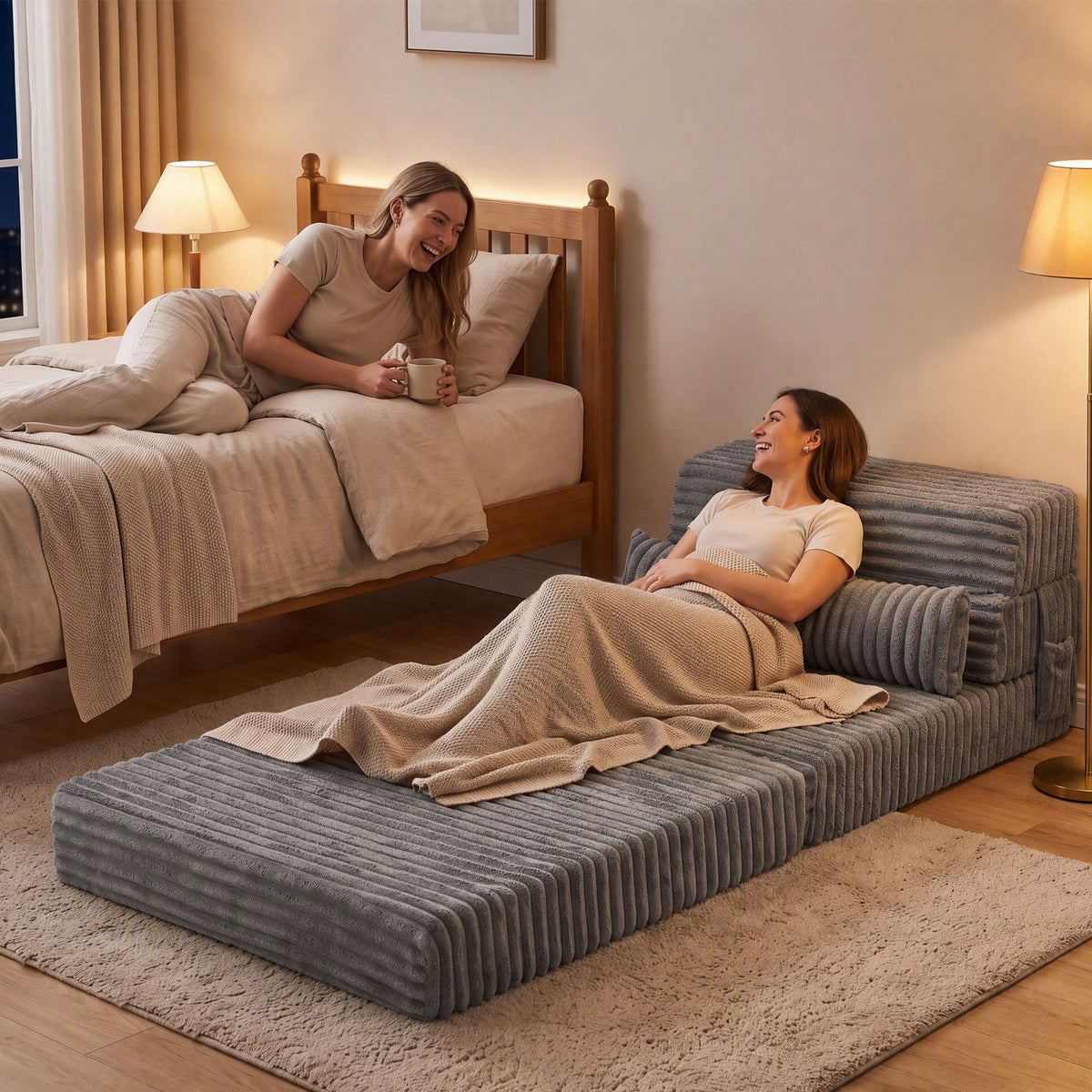 3-in-1 Folding Sofa Bed Armless Lounger Chair with Side Pocket and Pillow - Grey