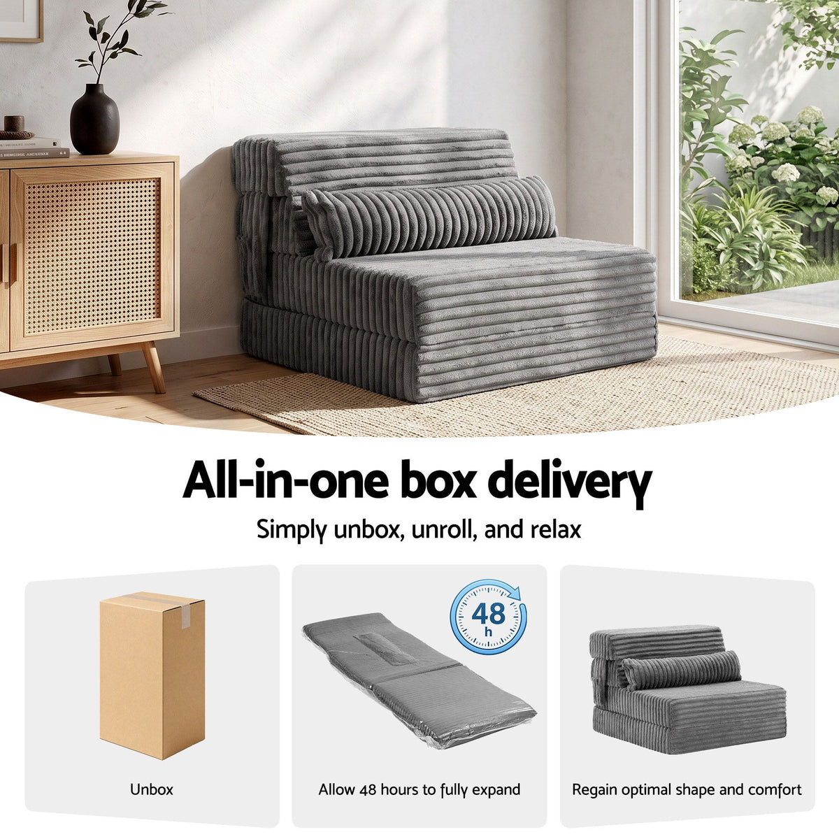 3-in-1 Folding Sofa Bed Armless Lounger Chair with Side Pocket and Pillow - Grey