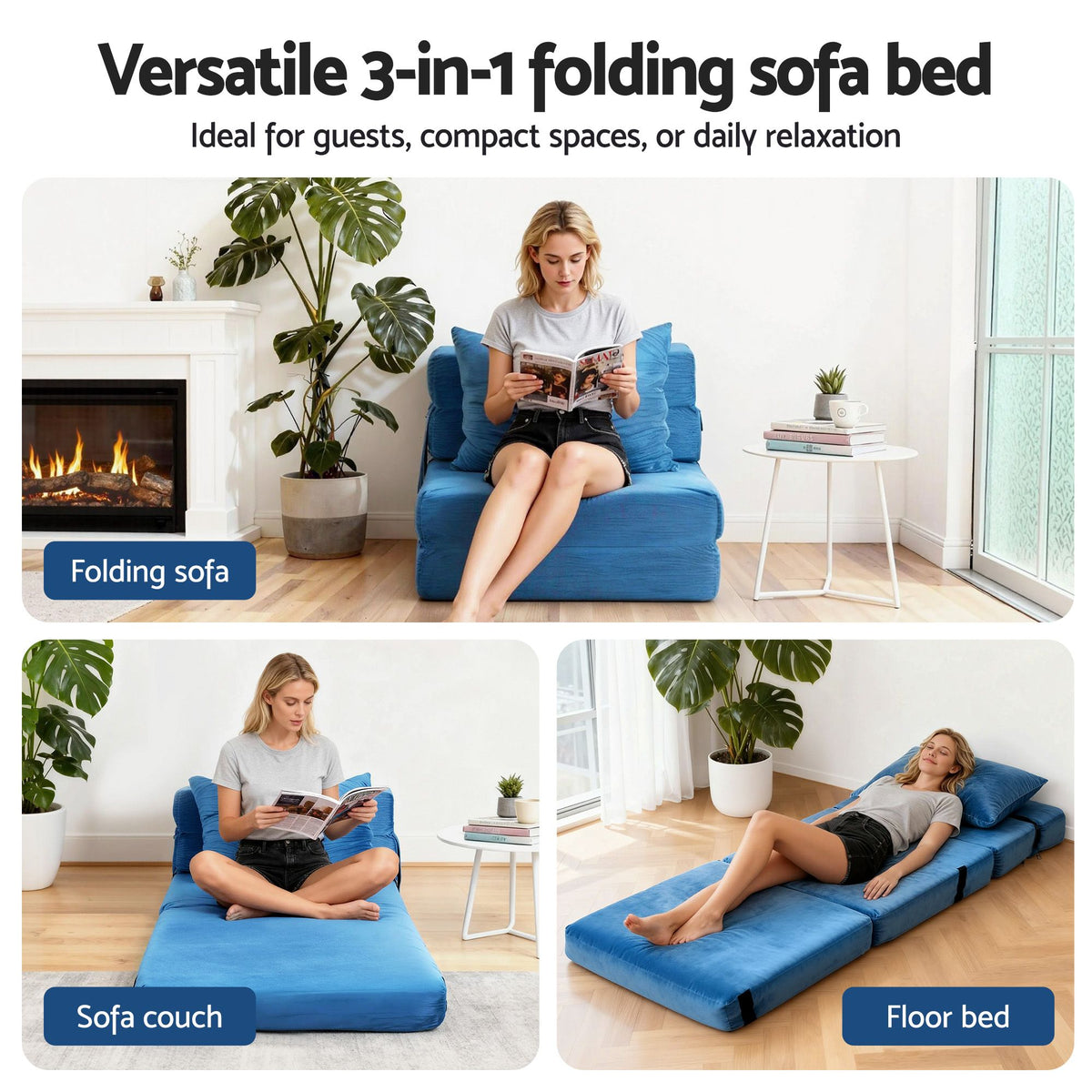 2 Pack Folding Armless Sofa Bed Lounger Foam Floor Futons - Blue