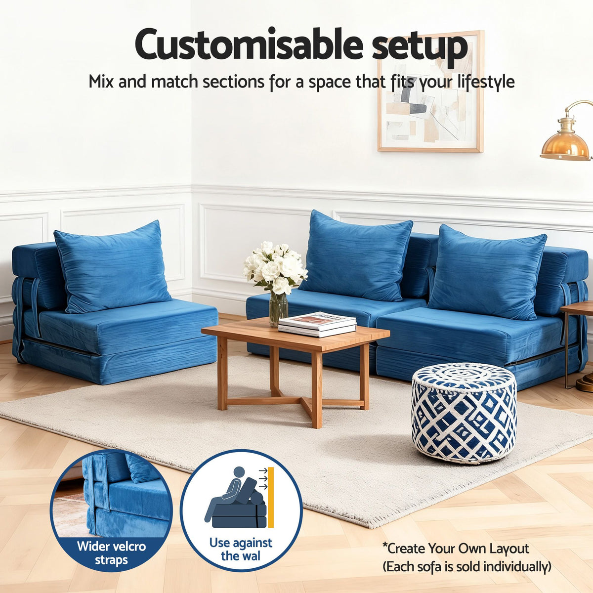 2 Pack Folding Armless Sofa Bed Lounger Foam Floor Futons - Blue