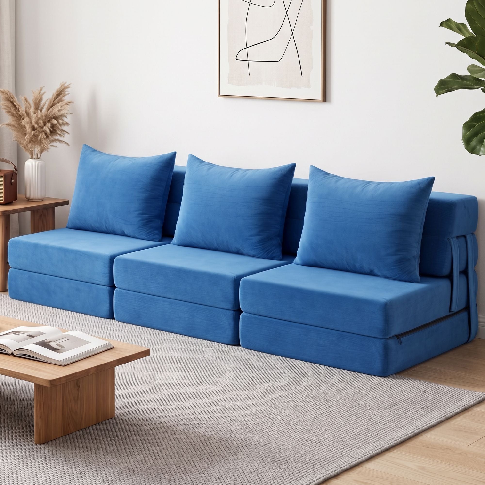 3 Pack Folding Armless Sofa Bed Foam Floor Loungers with Pillows - Blue