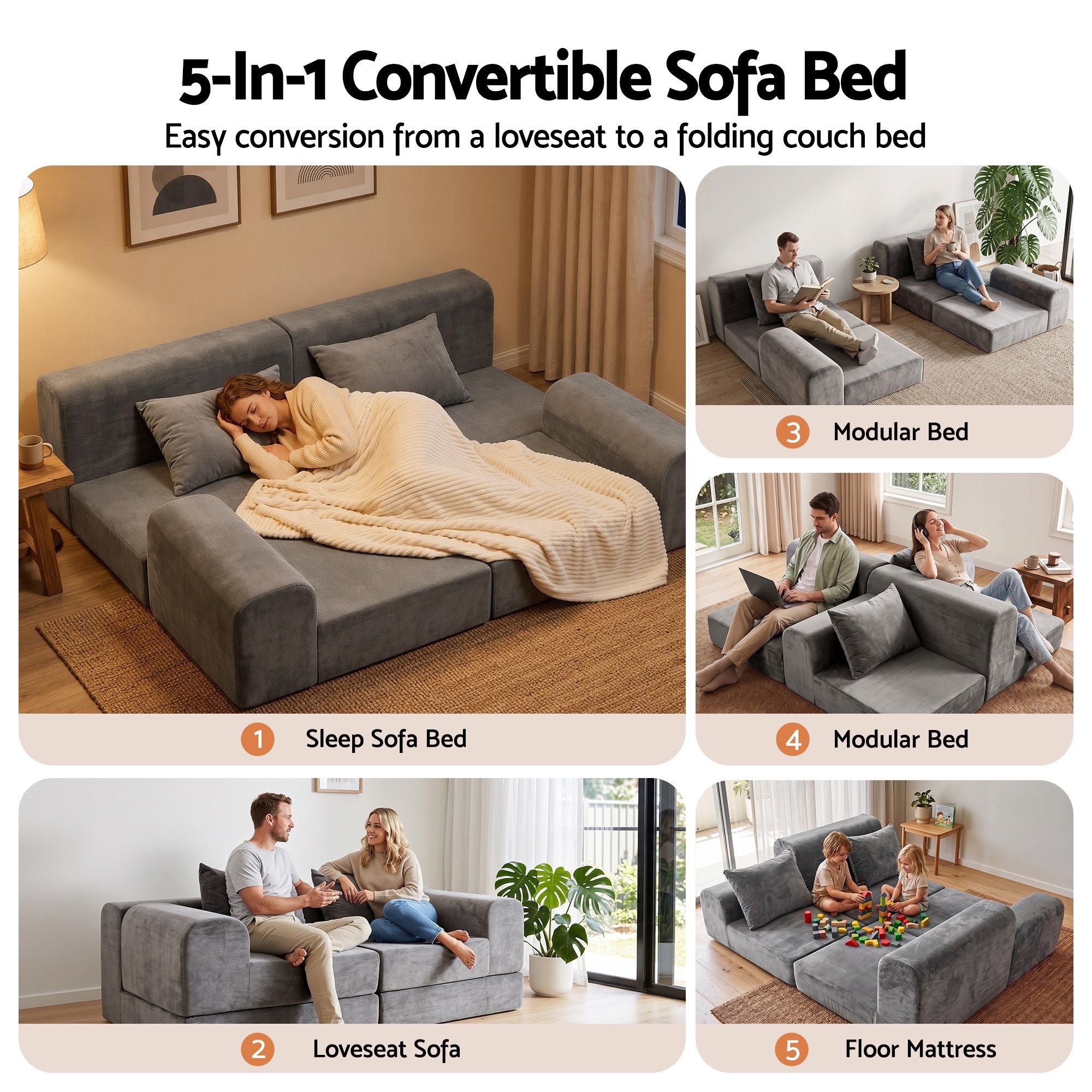 5-in-1 Convertible Sofa Bed Floor Mattress Modular Boneless Curved Couch