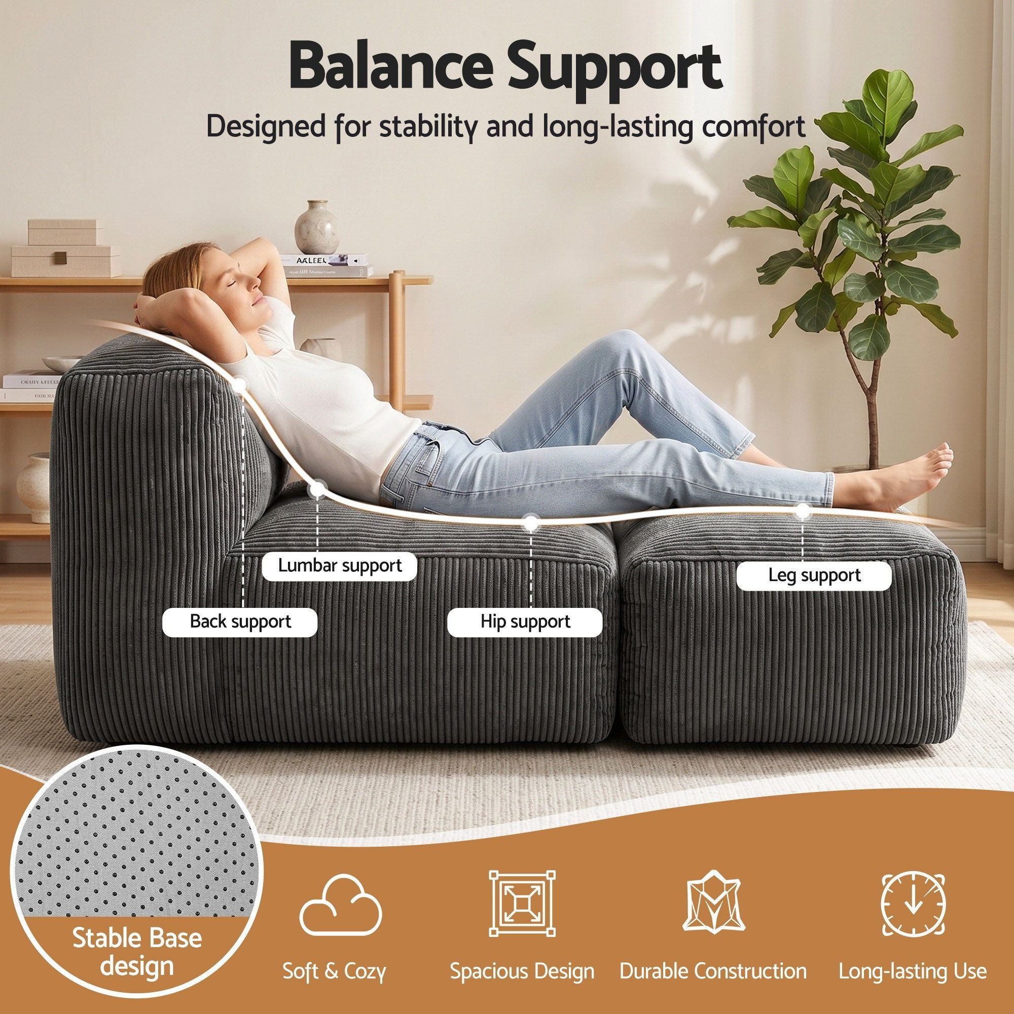 Foldable Bean Bag Sofa Bed Cloud Couch Floor Lounger Chair - Grey