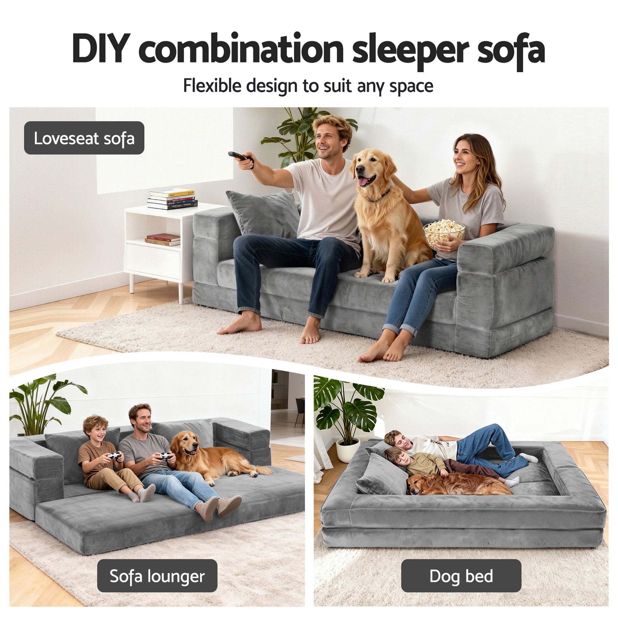 3-in-1 Convertible Sofa Bed with Folding Mattress Velvet Foam Chair 300KG