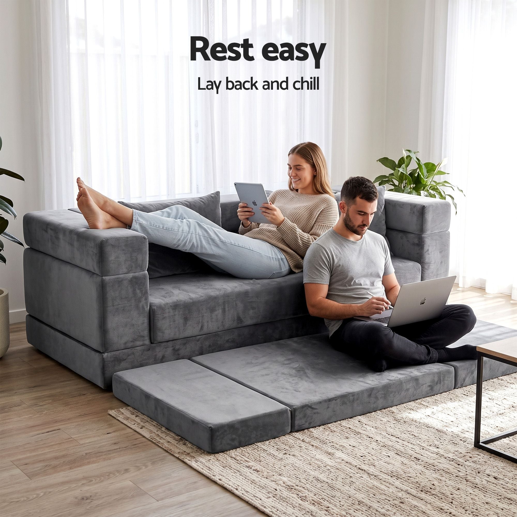 3-in-1 Convertible Sofa Bed with Folding Mattress Velvet Foam Chair 300KG