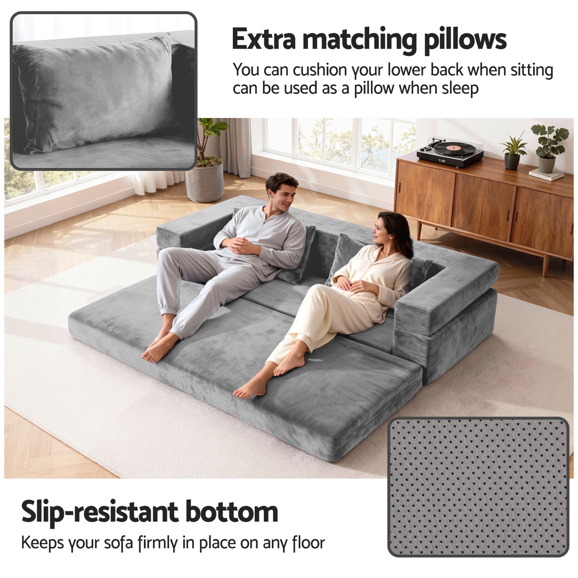 3-in-1 Convertible Sofa Bed with Folding Mattress Velvet Foam Chair 300KG