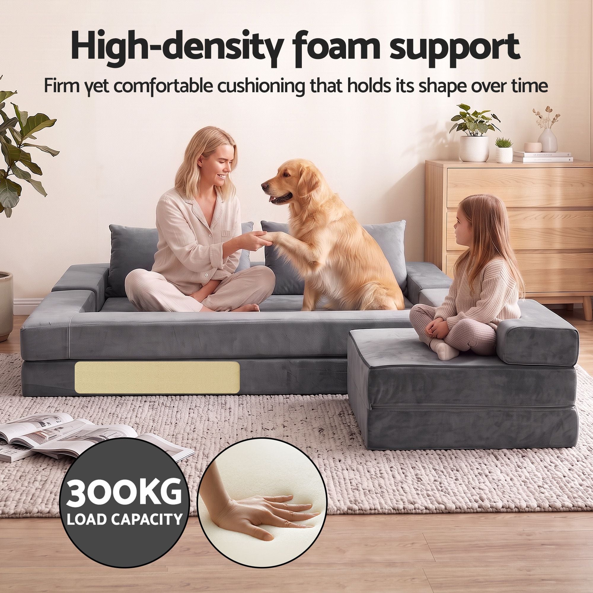 3-in-1 Convertible Sofa Bed with Folding Mattress Velvet Foam Chair 300KG