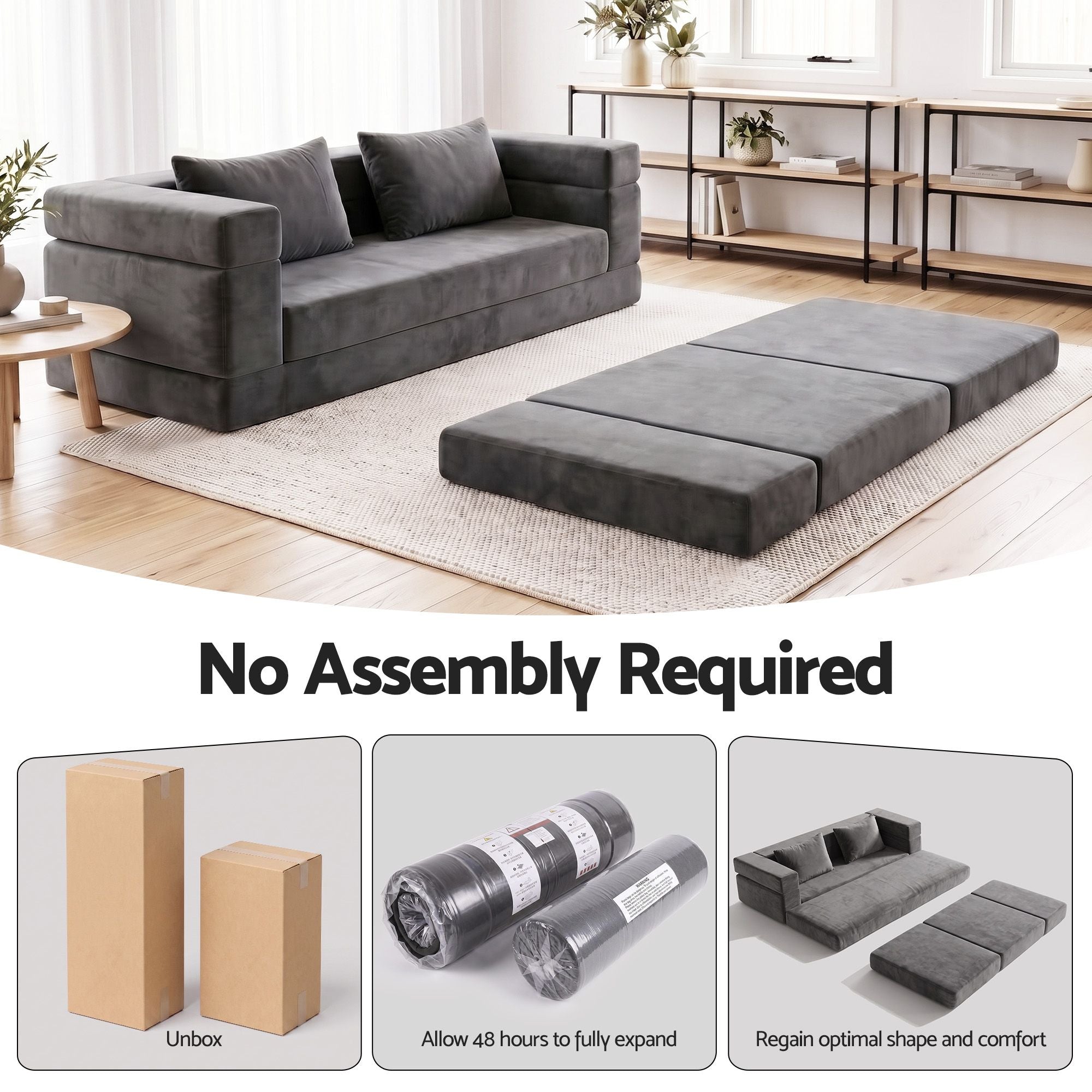 3-in-1 Convertible Sofa Bed with Folding Mattress Velvet Foam Chair 300KG