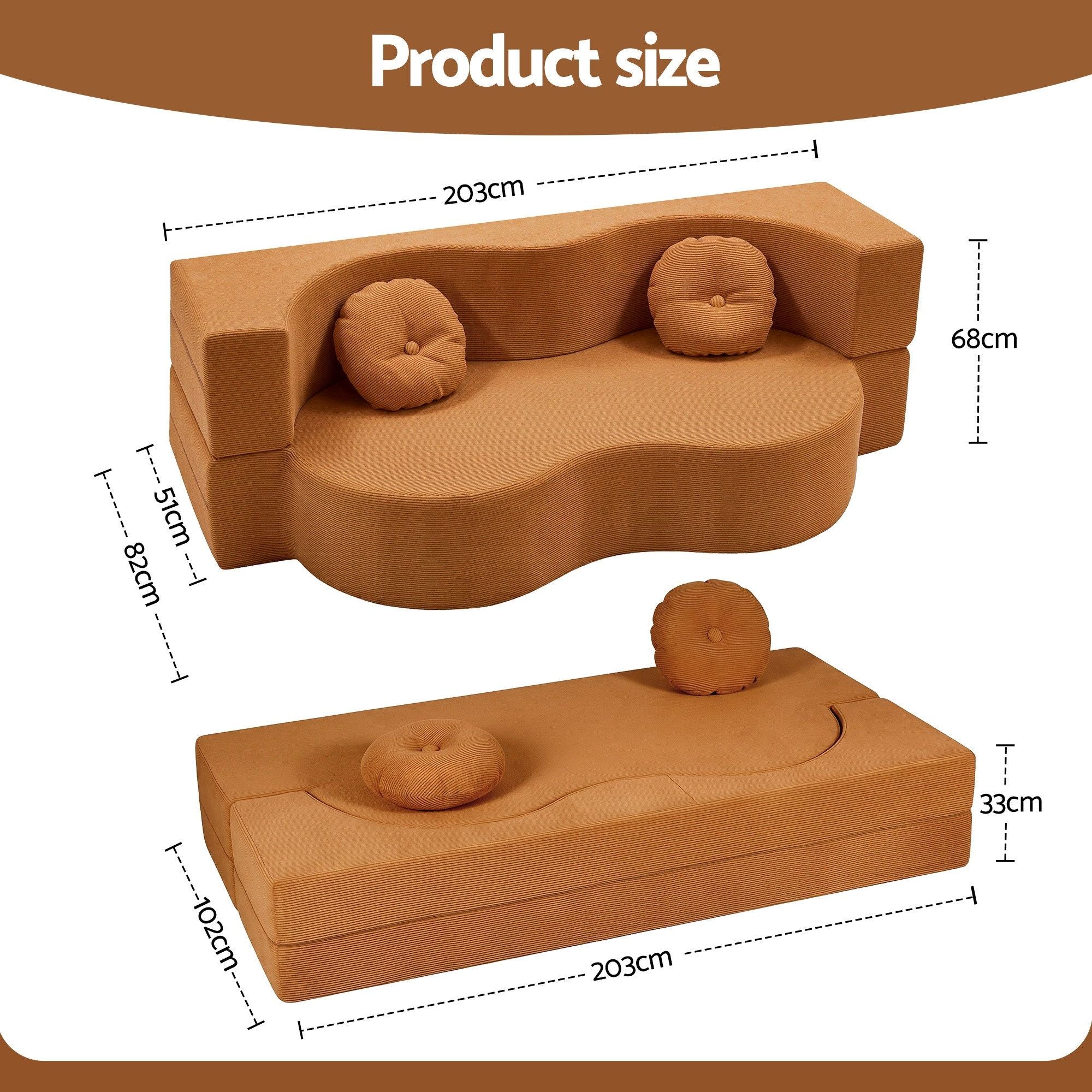 Folding Sofa Bed Floor Couch 2-in-1 Convertible Futon Loveseat Orange