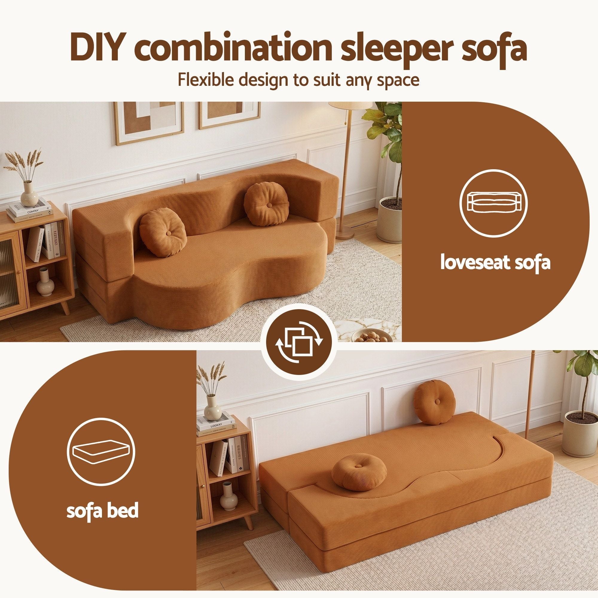 Folding Sofa Bed Floor Couch 2-in-1 Convertible Futon Loveseat Orange
