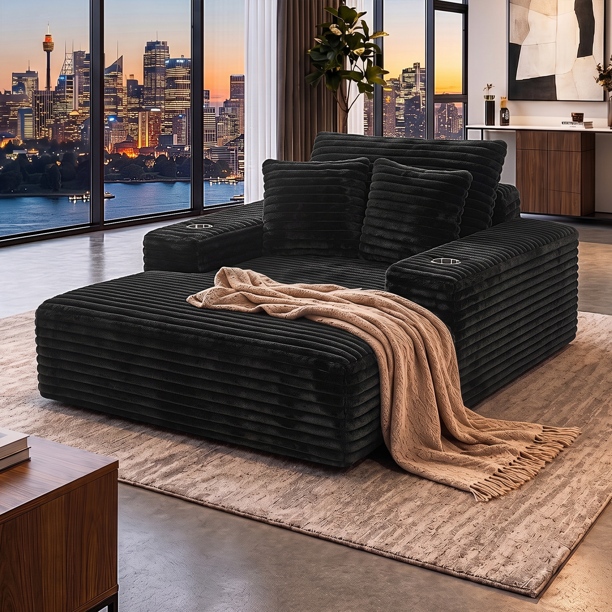 Sofa Bed Lounge Chair Single Seater with Chaise and Cup Holders - Black Faux Fur