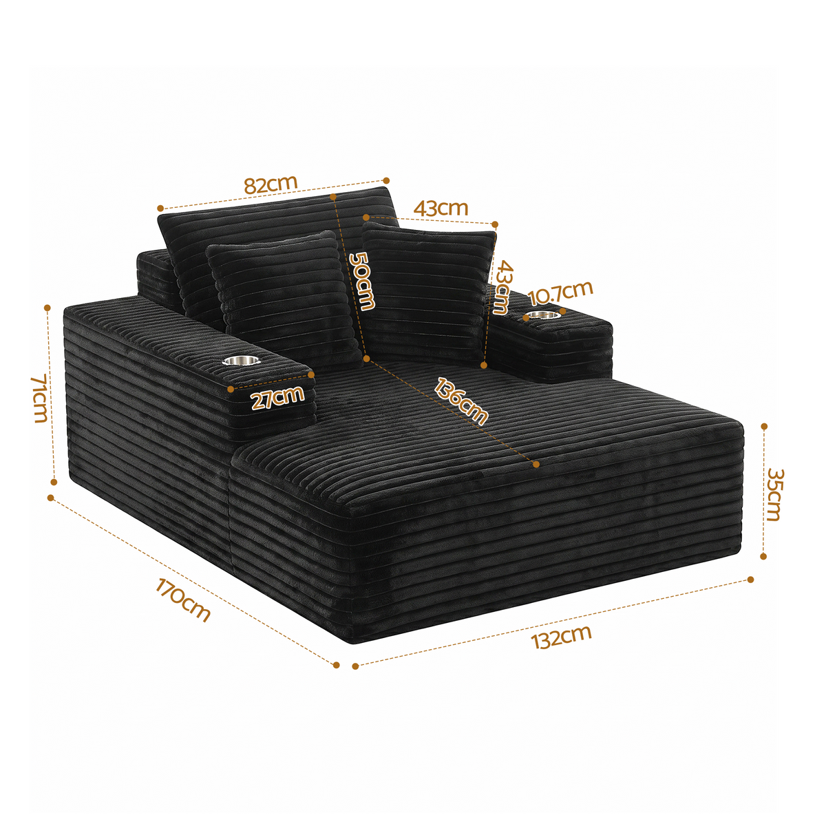 Sofa Bed Lounge Chair Single Seater with Chaise and Cup Holders - Black Faux Fur