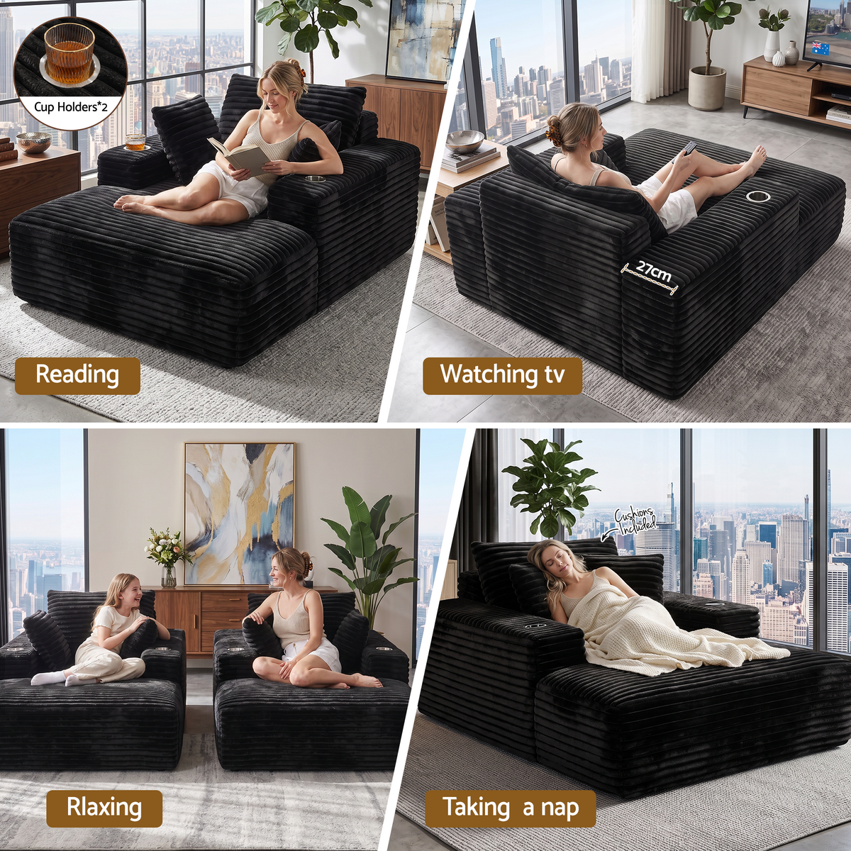 Sofa Bed Lounge Chair Single Seater with Chaise and Cup Holders - Black Faux Fur
