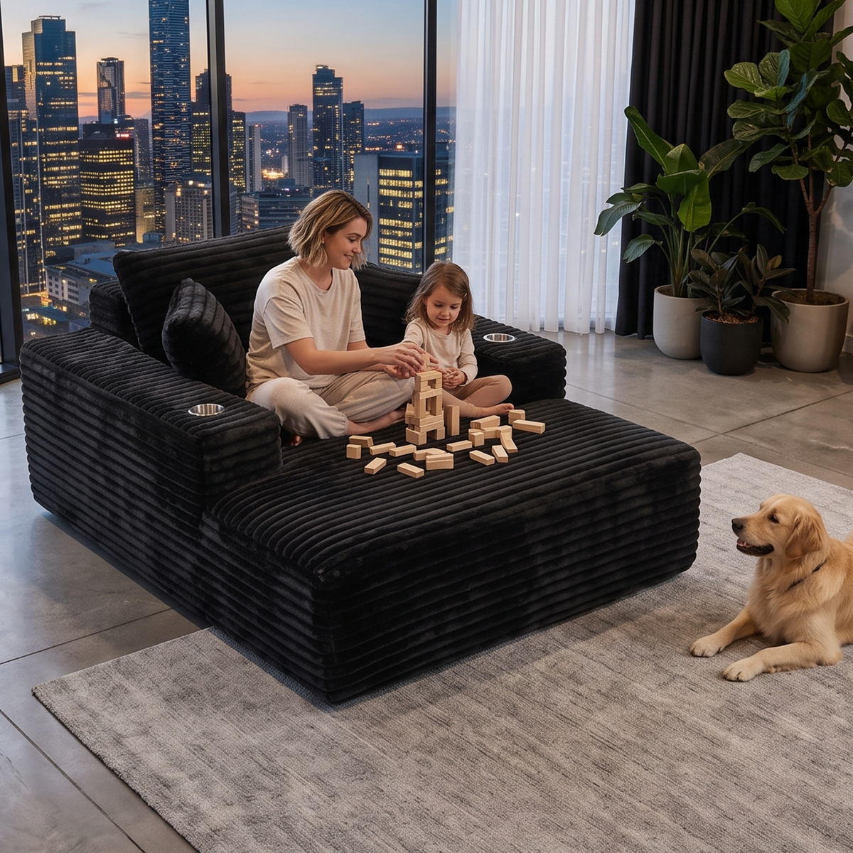 Sofa Bed Lounge Chair Single Seater with Chaise and Cup Holders - Black Faux Fur
