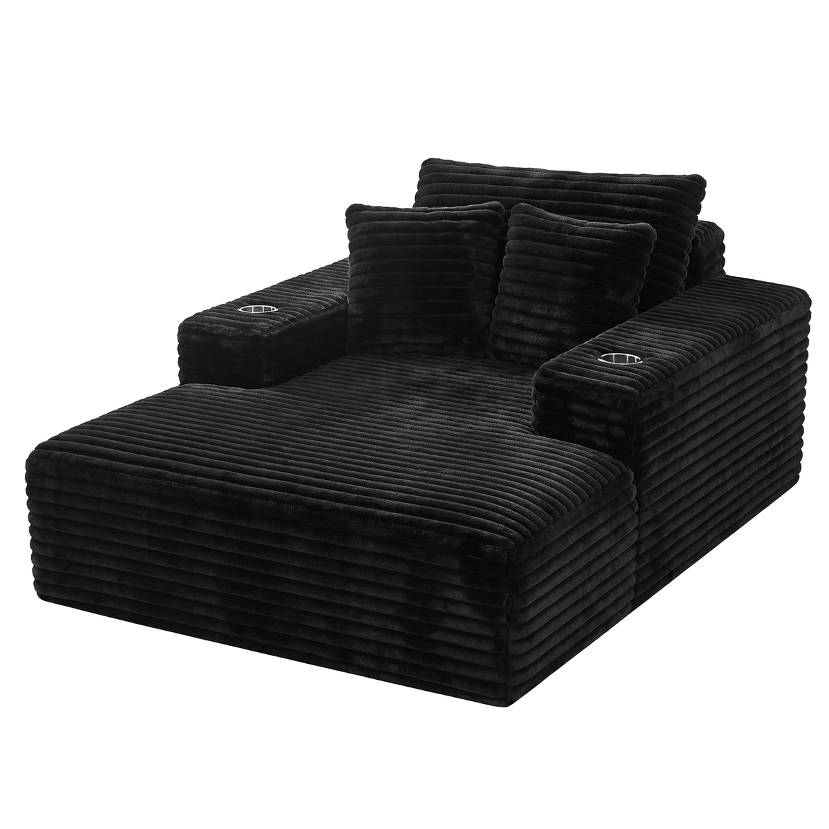 Sofa Bed Lounge Chair Single Seater with Chaise and Cup Holders - Black Faux Fur