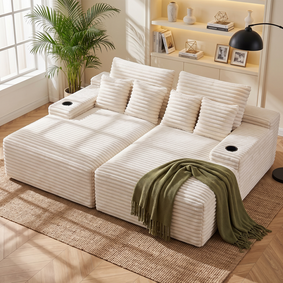 Double Chaise Lounge Modular 2-Seater Sofa with Faux Fur Fabric and Cup Holders - Beige