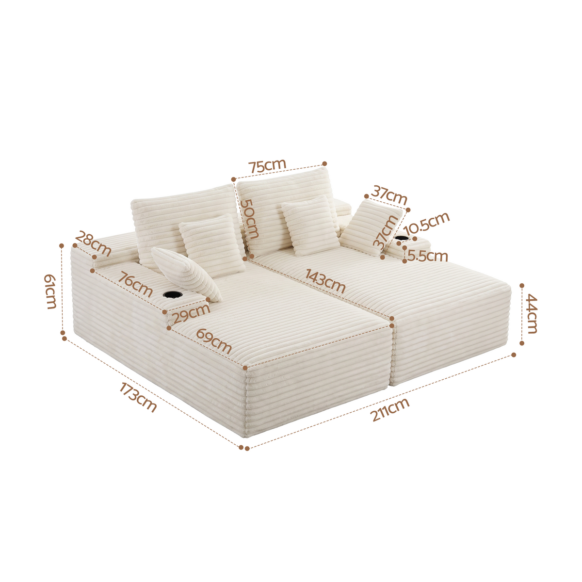 Double Chaise Lounge Modular 2-Seater Sofa with Faux Fur Fabric and Cup Holders - Beige