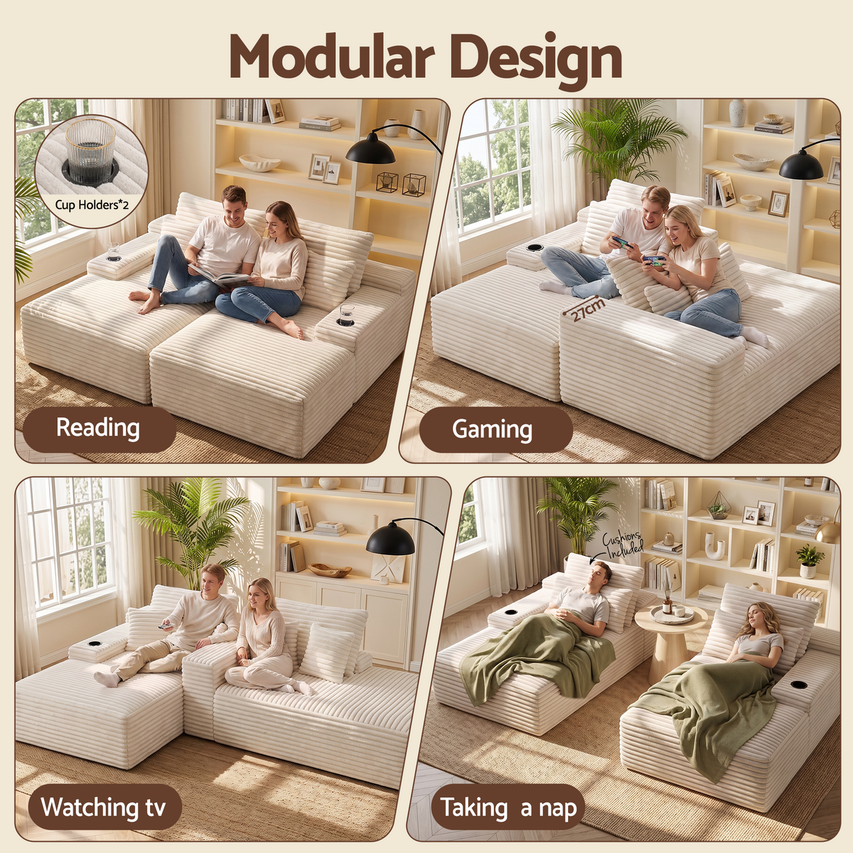 Double Chaise Lounge Modular 2-Seater Sofa with Faux Fur Fabric and Cup Holders - Beige