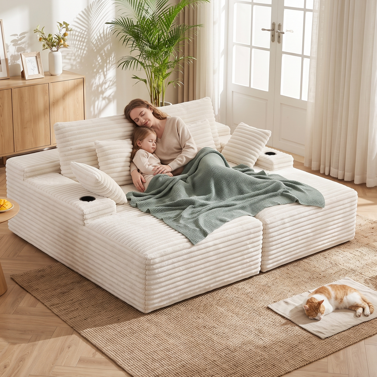 Double Chaise Lounge Modular 2-Seater Sofa with Faux Fur Fabric and Cup Holders - Beige