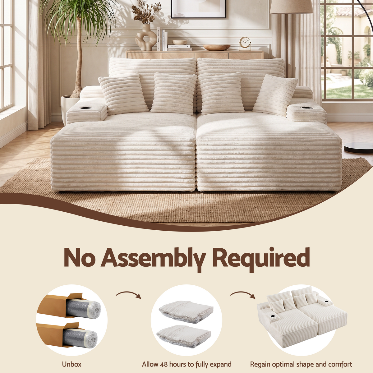 Double Chaise Lounge Modular 2-Seater Sofa with Faux Fur Fabric and Cup Holders - Beige