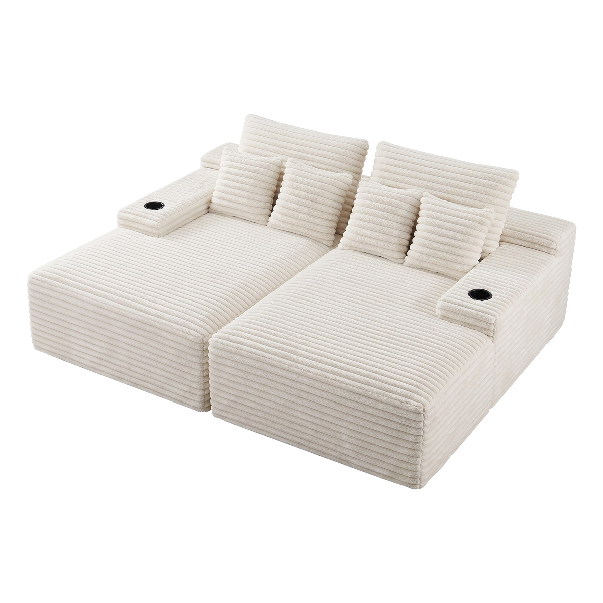 Double Chaise Lounge Modular 2-Seater Sofa with Faux Fur Fabric and Cup Holders - Beige