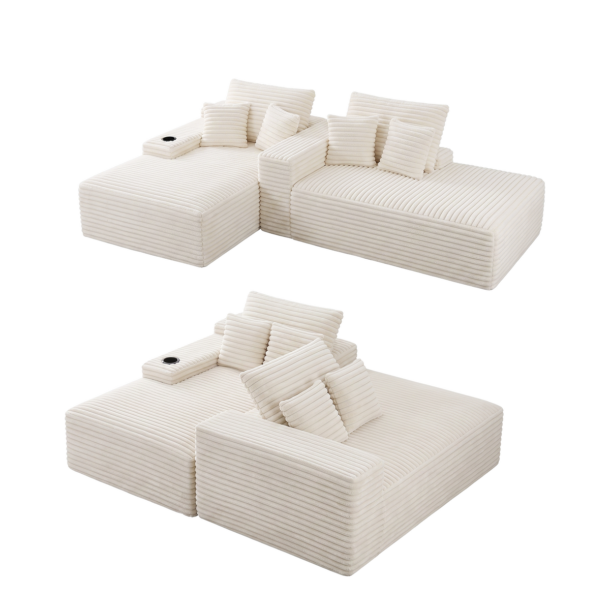 Double Chaise Lounge Modular 2-Seater Sofa with Faux Fur Fabric and Cup Holders - Beige