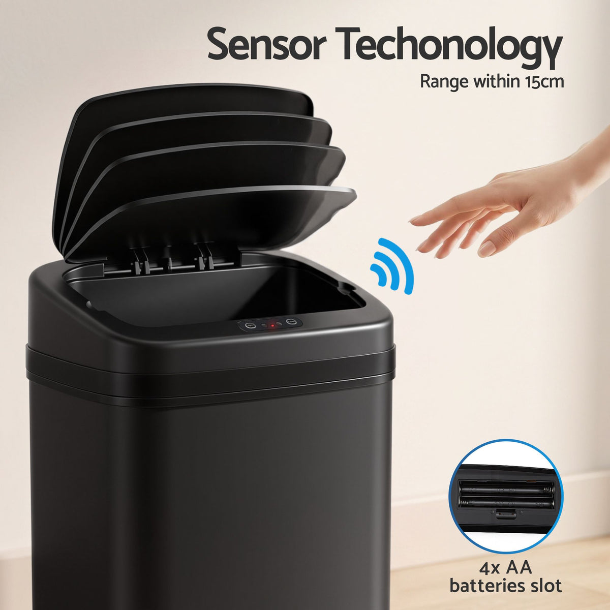 15L Motion Sensor Touchless Bin with Soft-Close Lid - Black