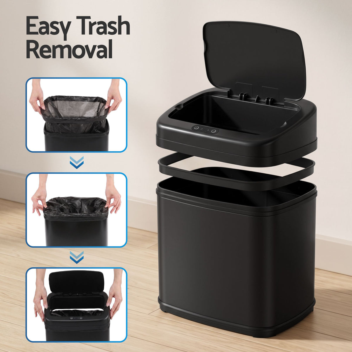 15L Motion Sensor Touchless Bin with Soft-Close Lid - Black