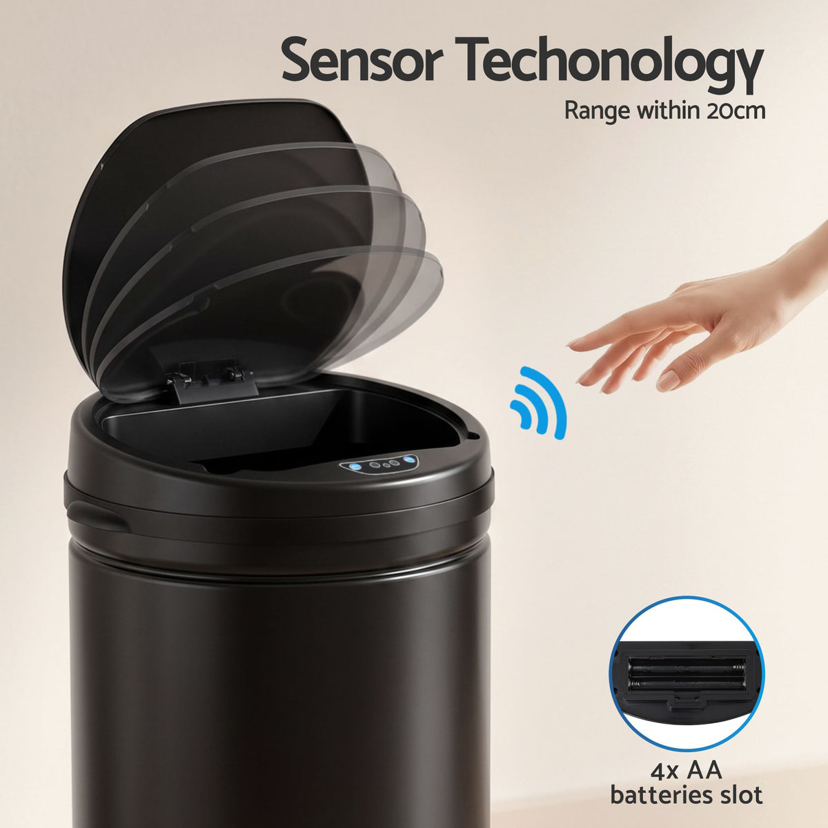 30L Automatic Sensor Touchless Bin with Manual Buttons - Black
